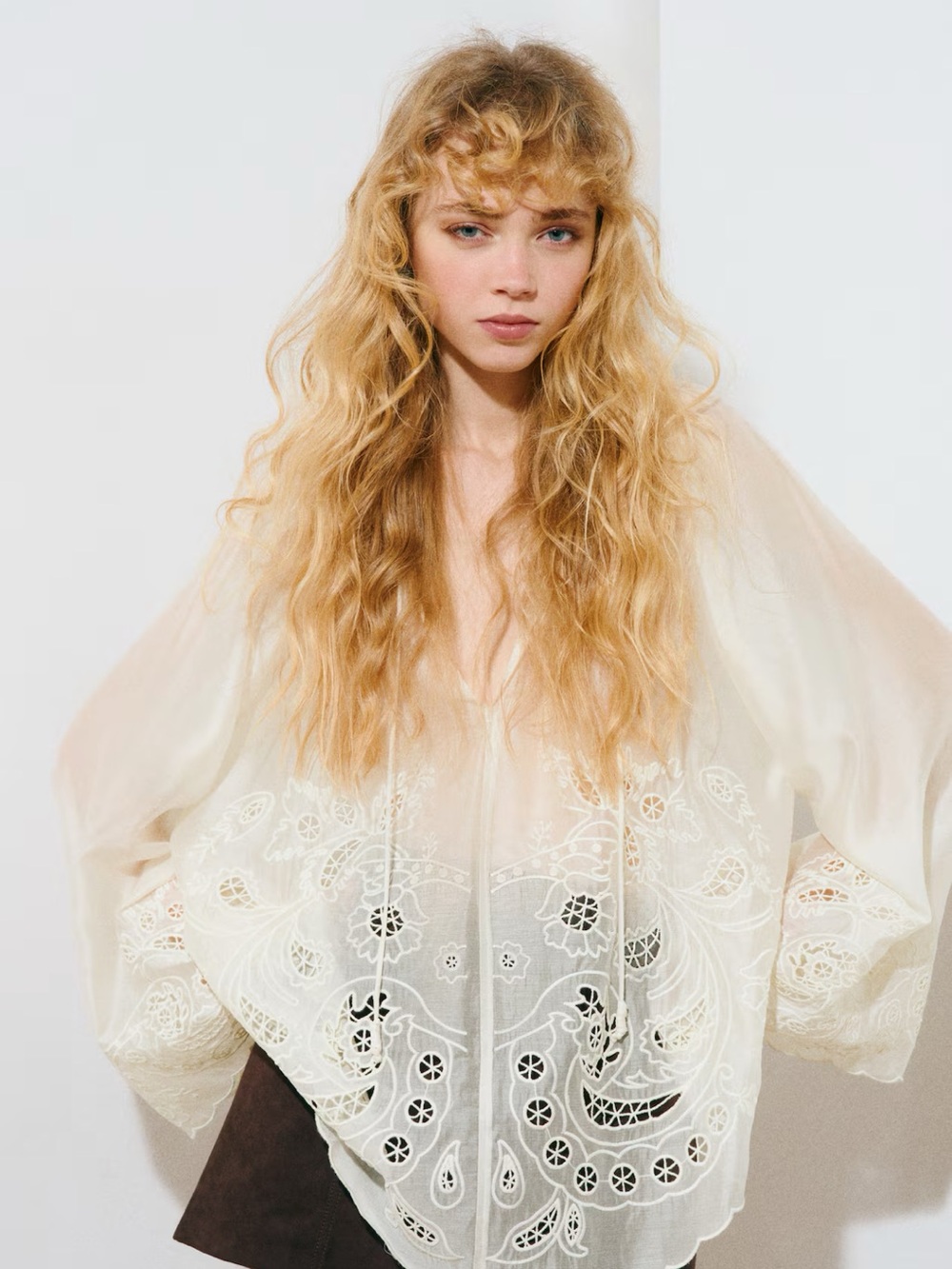 H&M Embroidered Ivory Boho Peasant Blouse